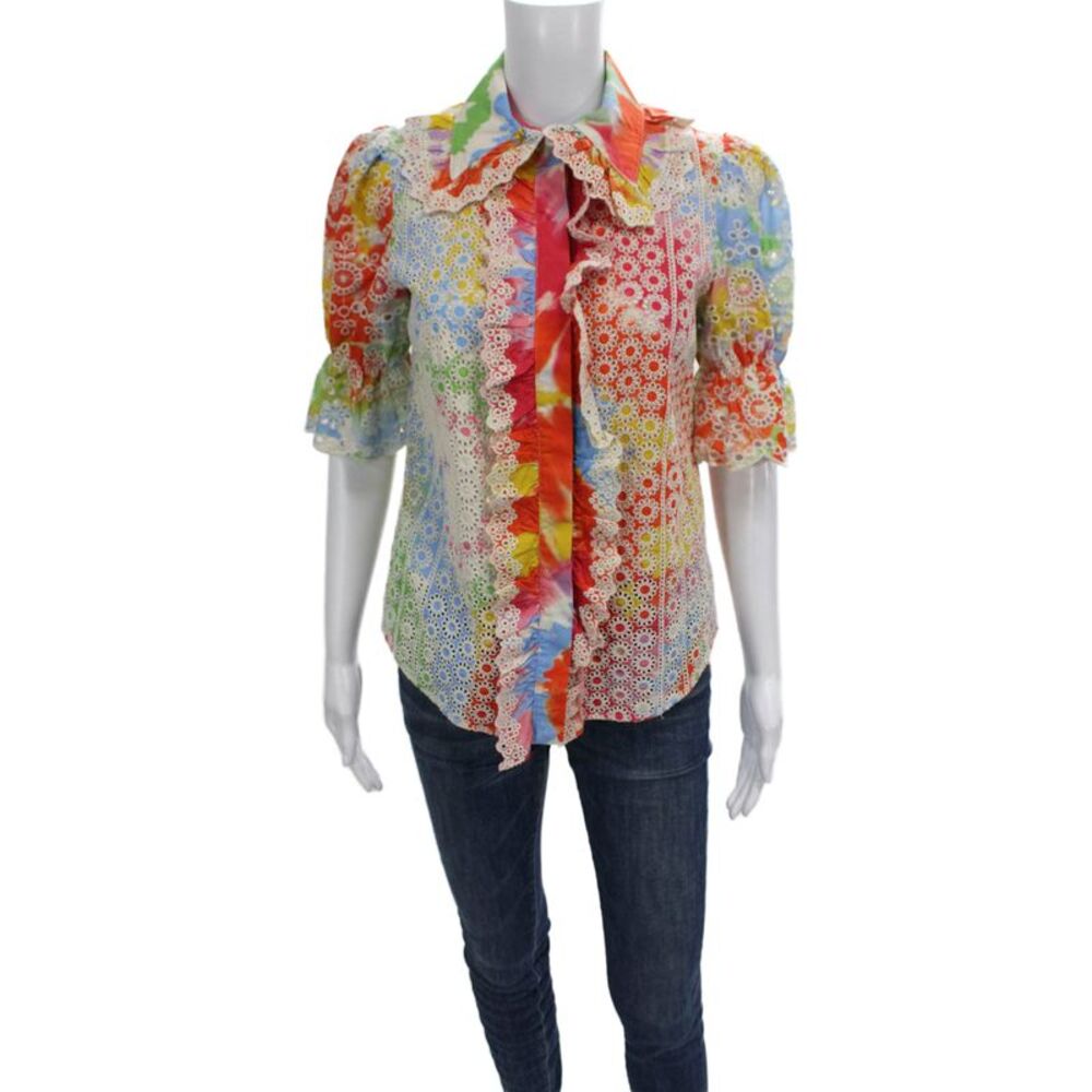 Manoush Womens Multicolor Floral Collared Cotton 3/4 Sleeve Blouse Size 36